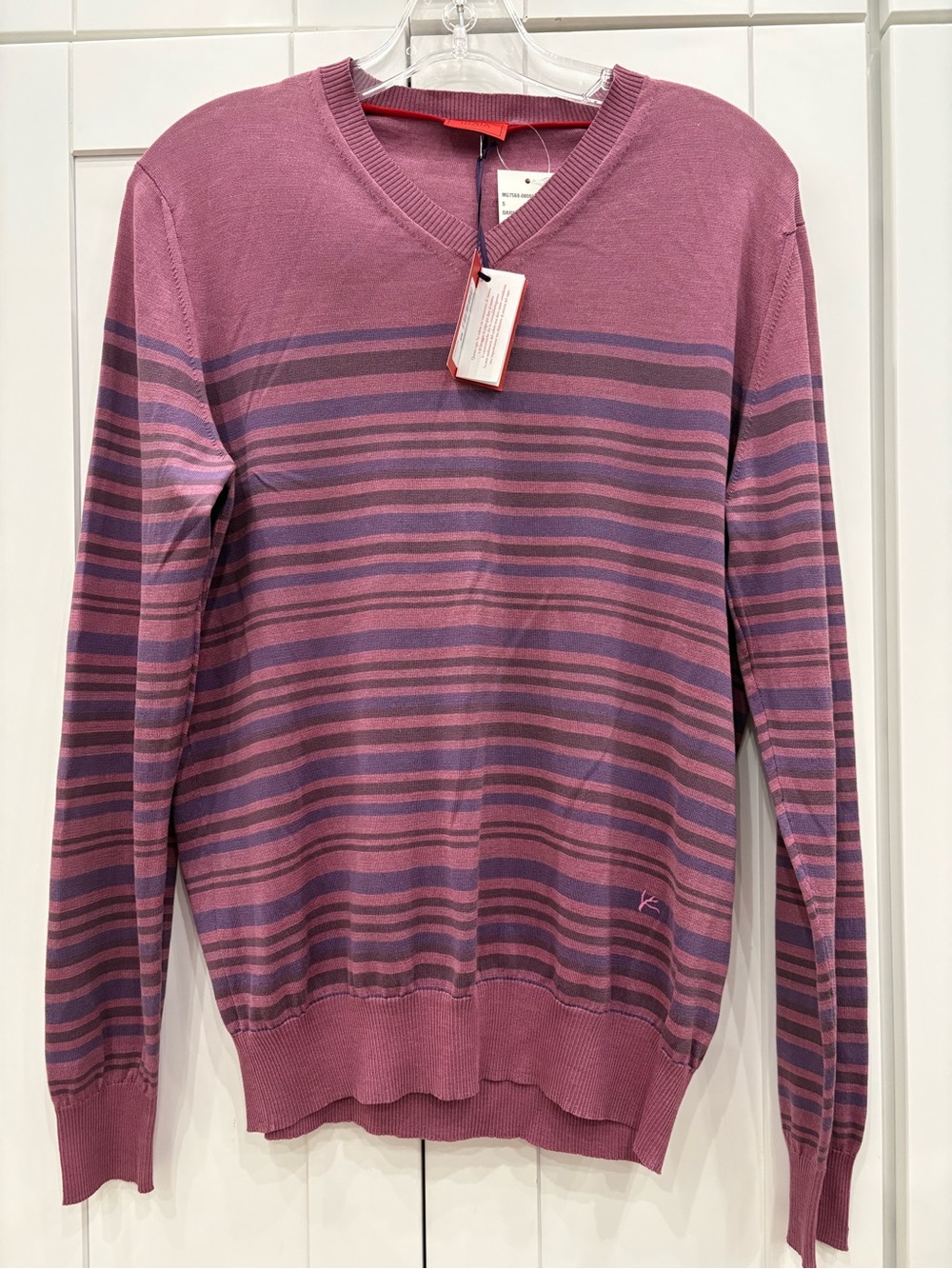 $795 NWT ISAIA Napoli Striped V-Neck Sweater S Purple Pink Cotton Silk luxury